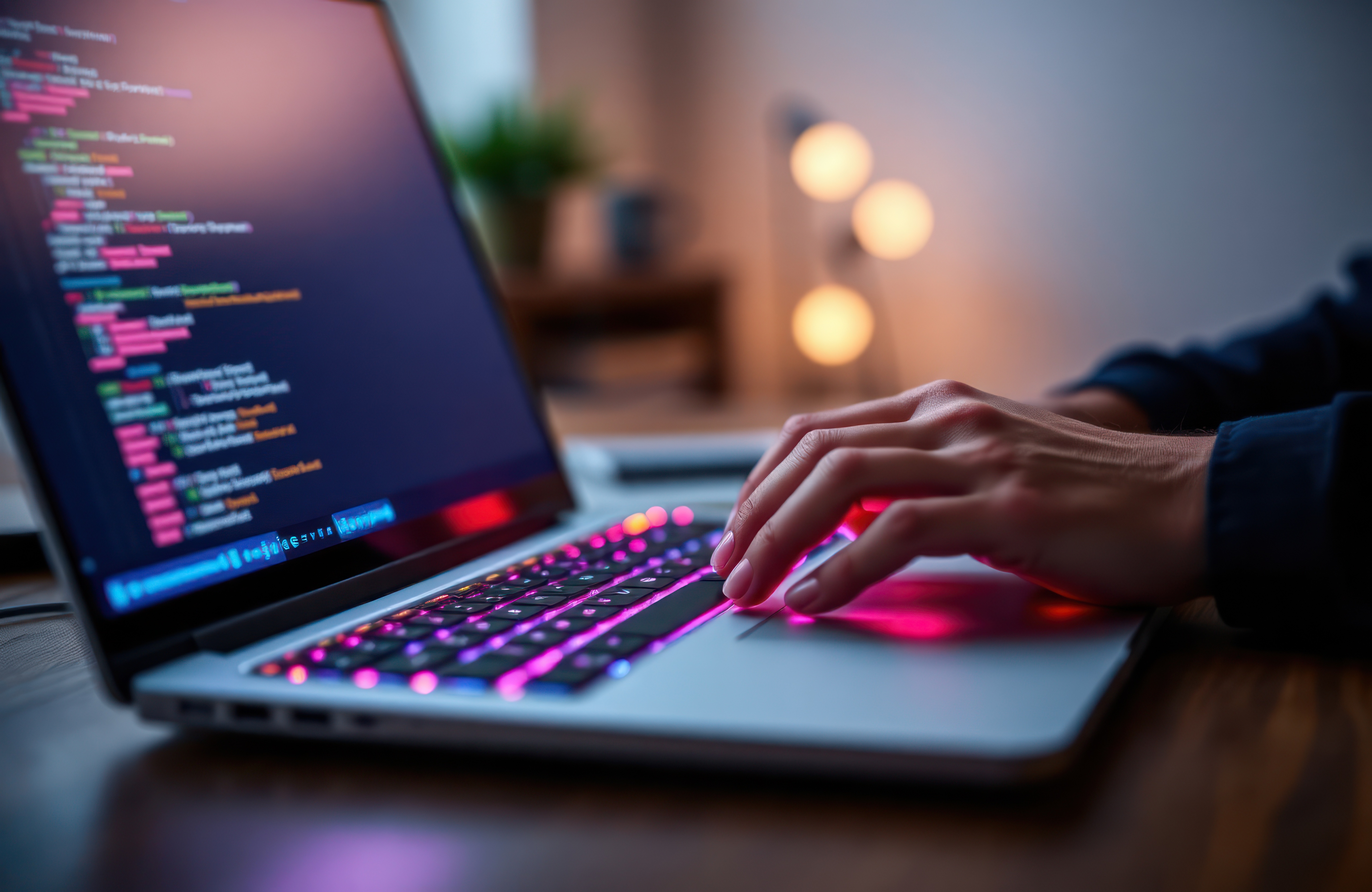 A person typing on a laptop with colorful code displayed on the screen, representing cybersecurity threats, hacking, or IT security monitoring.